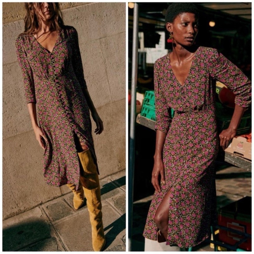 Sezane Robe Estella Woodland Floral Print Midi Dress Size 36